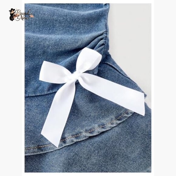 Layered Ruffle Denim Mini Dress Strapless Bandeau Bow Jean Dresses - Picture 3 of 4